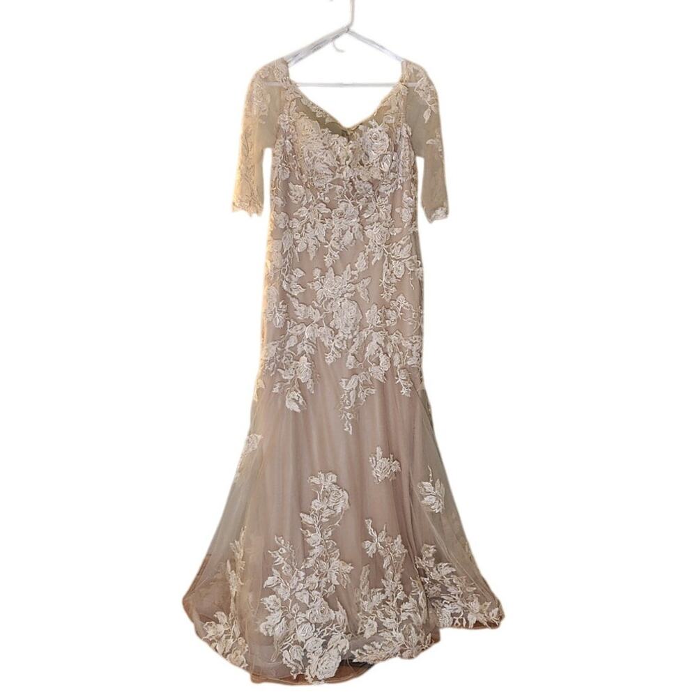 Montage by Mon Cheri Lace Evening Gown in Cream and nude  beautiful bride or MOB